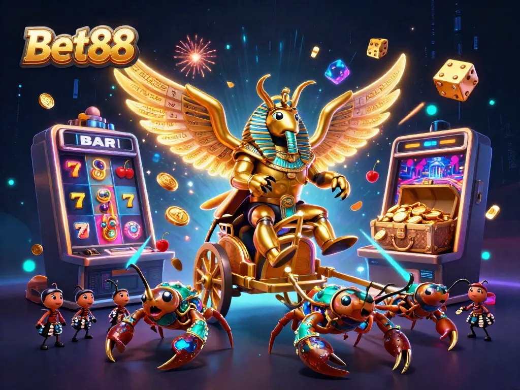 Experience the excitement of Bet88 with vibrant casino elements and 3D characters amid a jackpot explosion.