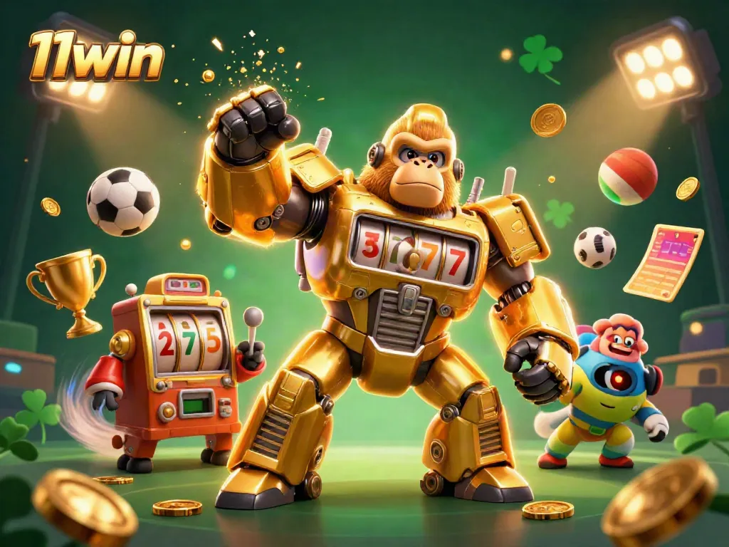 Engage with 11win’s dynamic gambling world featuring a golden gorilla mech surrounded by sports elements.