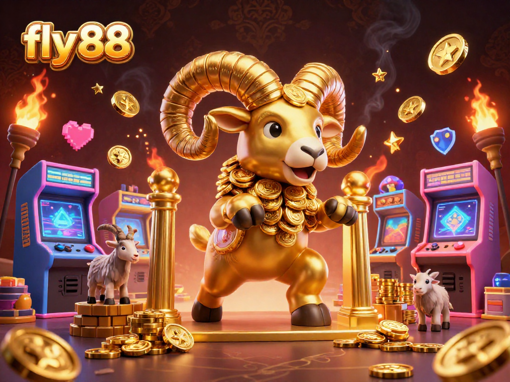 Experience excitement at fly 88 with a golden ram and colorful casino games in a vibrant setting.