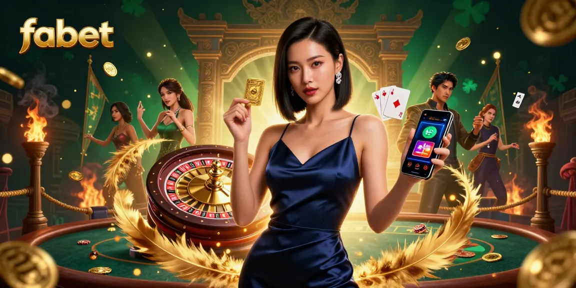 Fabet showcases winning strategies with a confident woman in a vibrant casino scene.