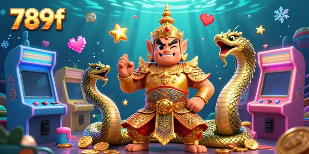 Experience exciting casino gaming with 789f featuring a golden-armored Thai guardian, arcade elements, and underwater atmosphere.
