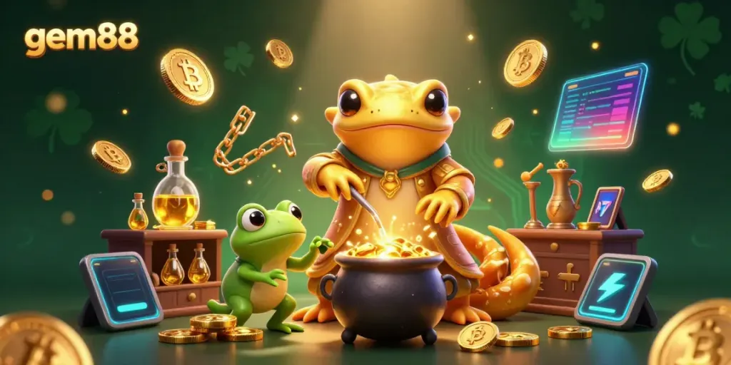 Experience the thrill of gaming with gem88, featuring a lively 3D scene of an alchemist creating gold coins.