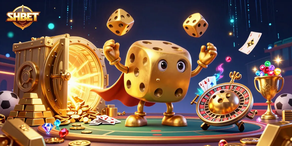 SHBET showcases a dynamic sports betting scene featuring a golden dice golem and exciting gaming elements.