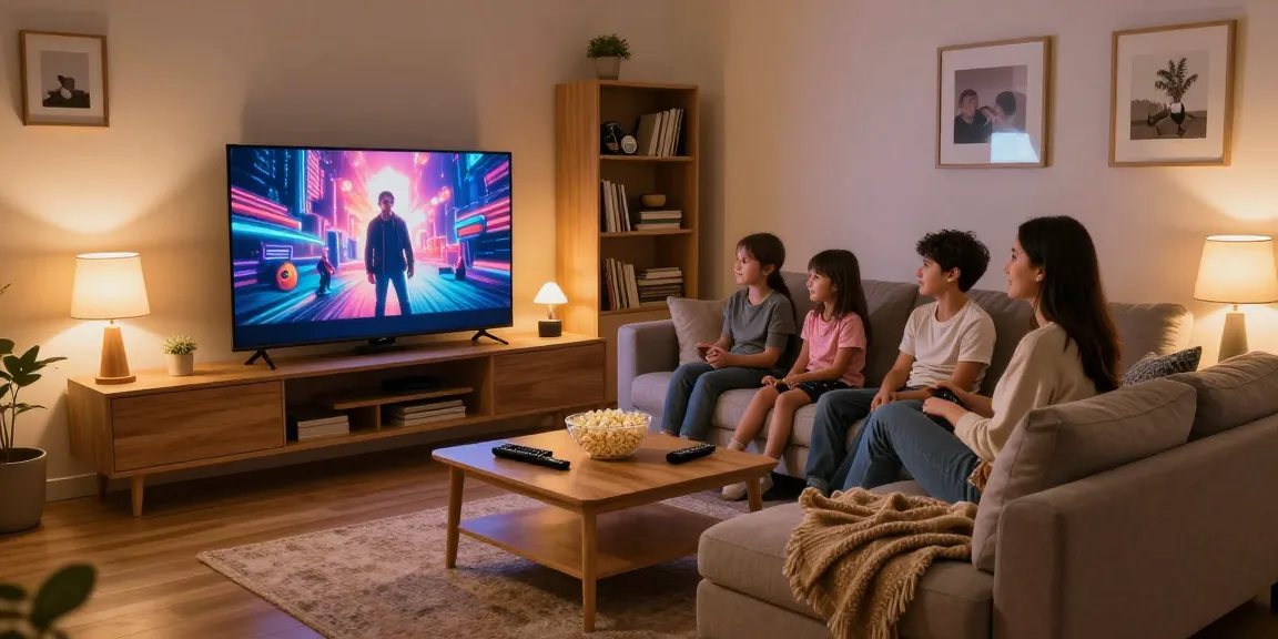 Família assistindo a IPTV em uma sala de estar confortável com uma TV grande.
