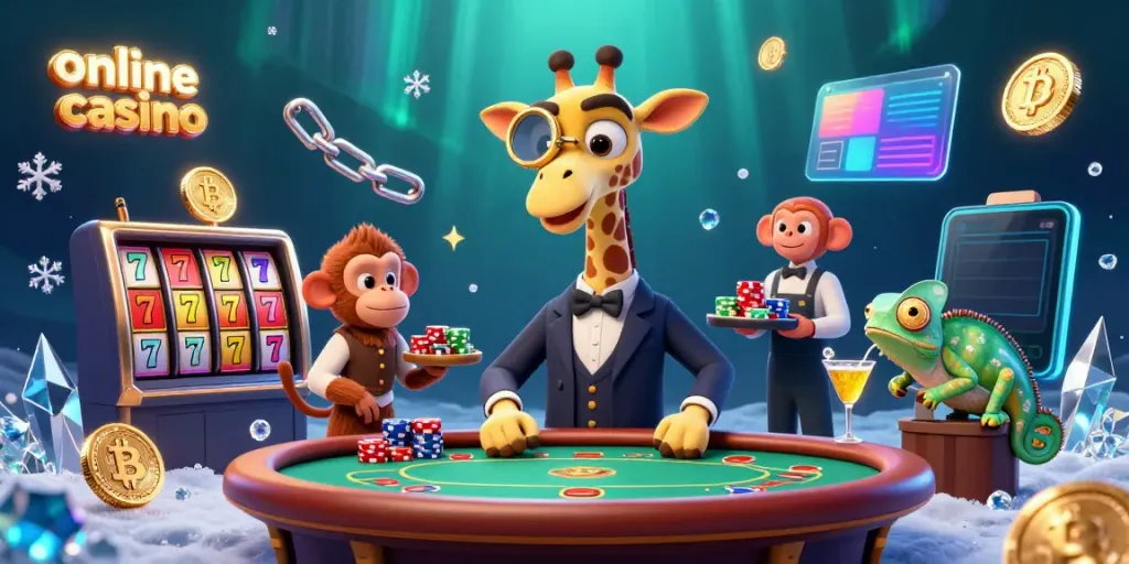 Experience the thrill of an online casino with a vibrant 3D illustration of a high-roller giraffe and a monkey valet among slot reels.
