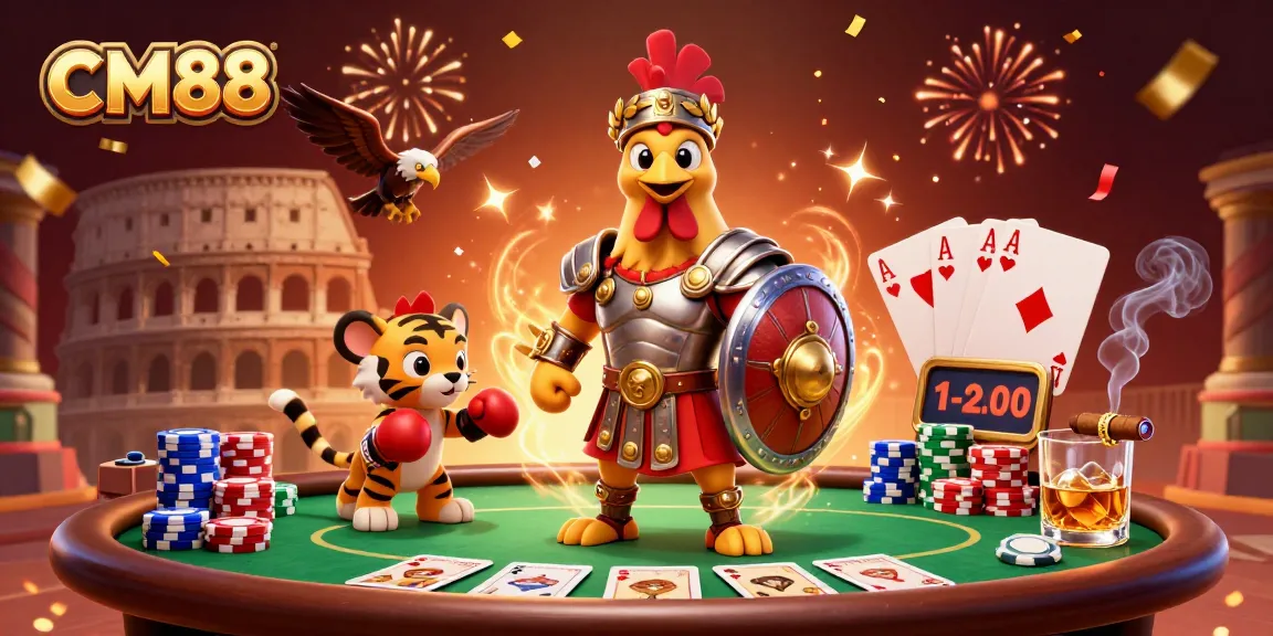 Experience the thrill of CM88 with a dynamic 3D illustration showcasing casino play, vibrant designs, and rich elements.