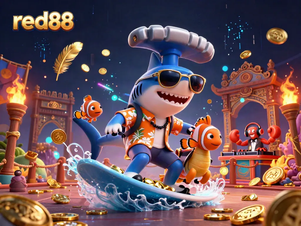 Experience the excitement of online gaming with red88's animated casino scene featuring a vibrant shark, clownfish, and crab DJ.