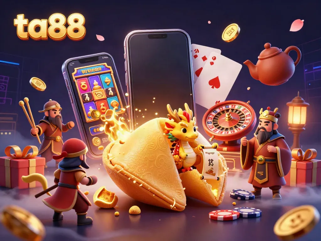 Engage in thrilling 3D ta88 casino gameplay with golden fortune cookie, wise dragon, and vibrant slot elements.