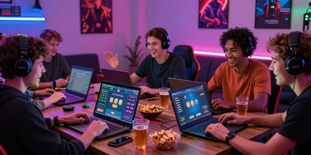 Friends enjoying multiplayer games at https://man88.hair/ in a vibrant gaming atmosphere.