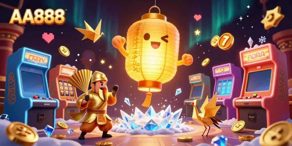 Experience thrilling gameplay with the unique AA888 floating above slot machines and colorful arcade elements.