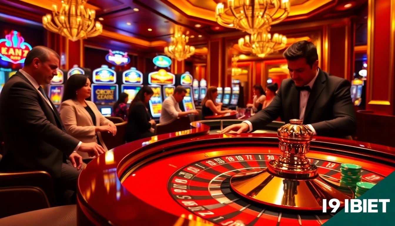 Experience the excitement of I9BET at a luxurious casino setting with roulette and vibrant slot machines.