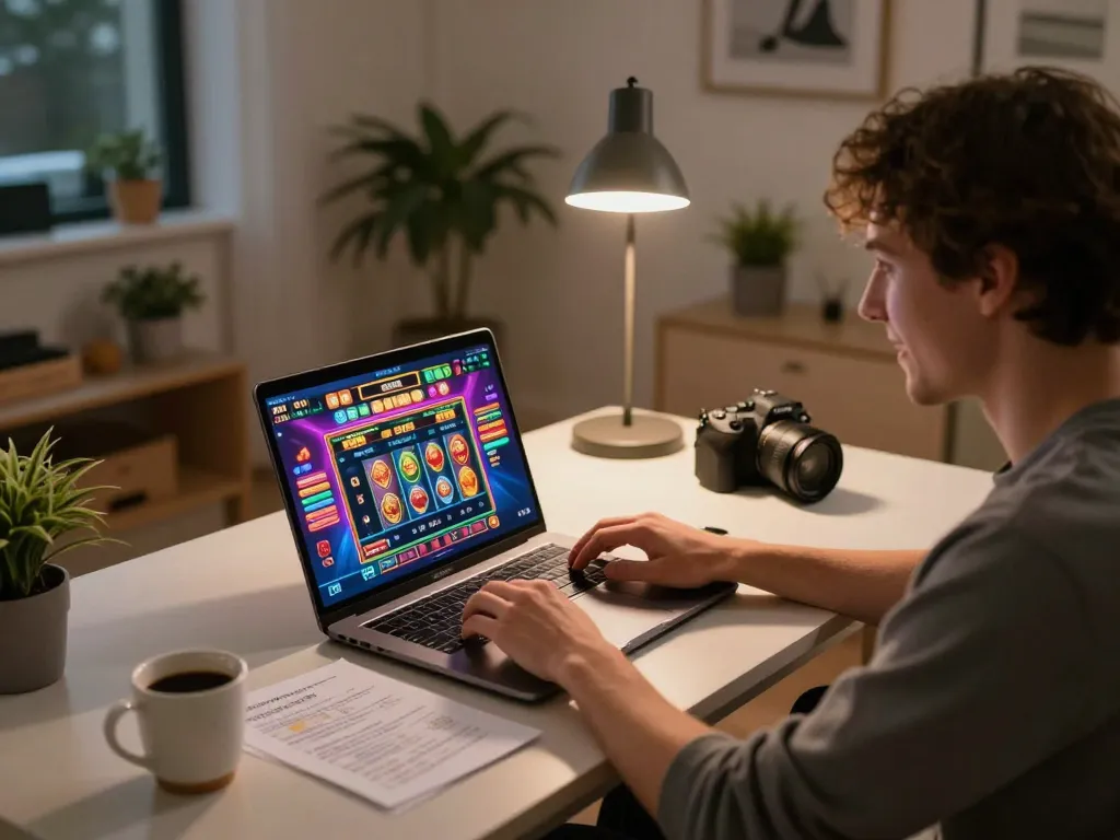 Interagindo com os slots online do HH55 em um laptop para uma experiência de jogo emocionante