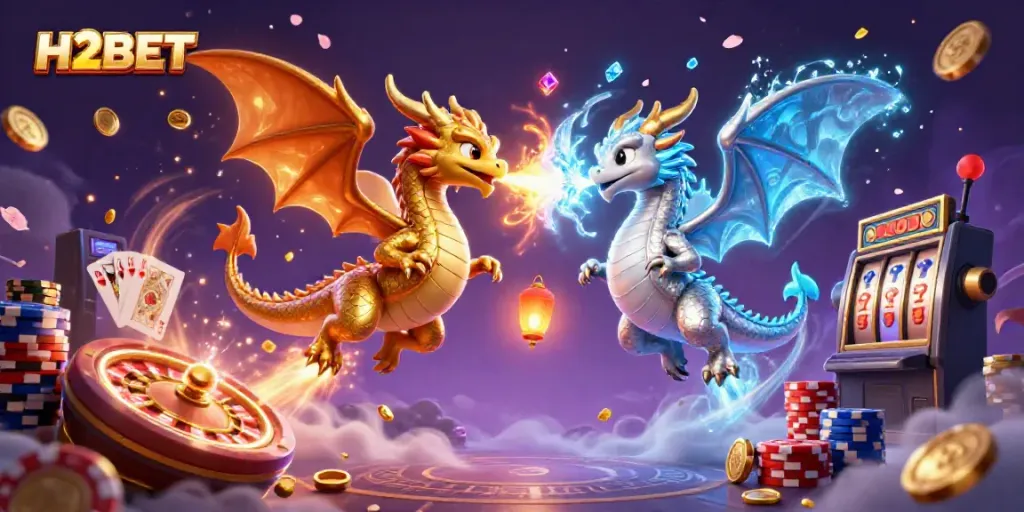 Experience thrilling moments at H2BET with a vibrant scene of casino games featuring dragons, coins, and cards.