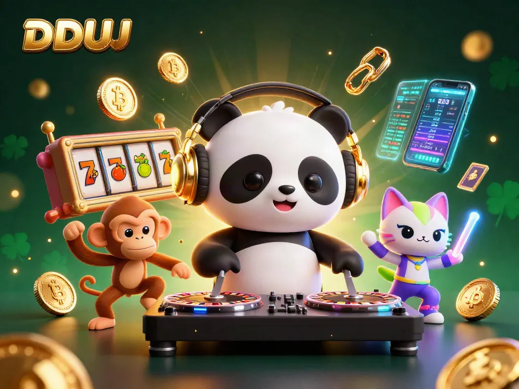 Engage with DDUU's vibrant casino scene featuring a DJ panda, monkey, and kitten amidst lively icons.