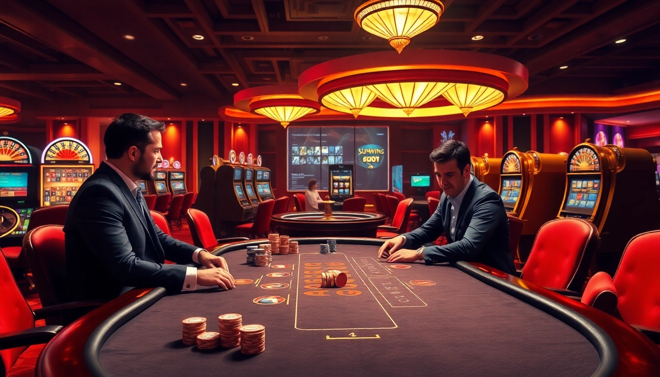Experience sunwin's thrilling poker action at a luxury casino table with vibrant colors and engaging players.