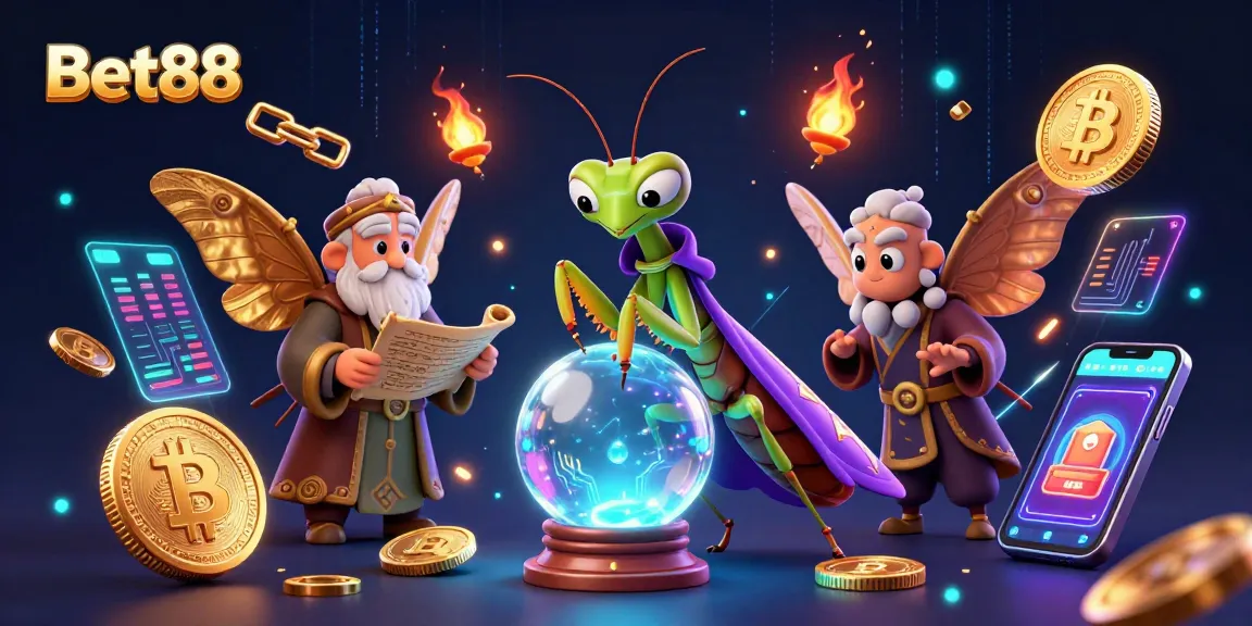 Engage in thrilling gameplay at Bet88 with a mystical scene featuring fortune tellers and crypto elements.
