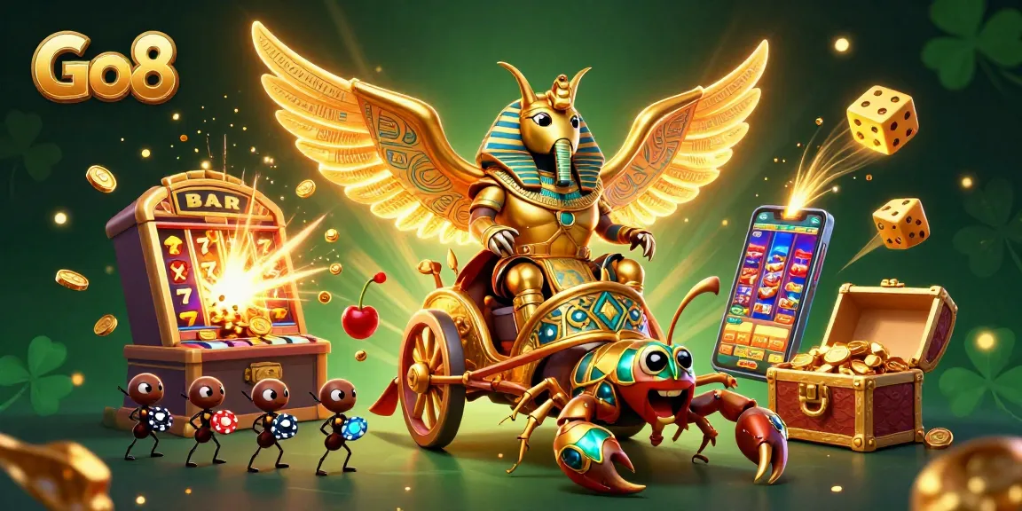 Experience Go8's thrilling jackpot scene with a colossal scarab beetle and dazzling casino elements.
