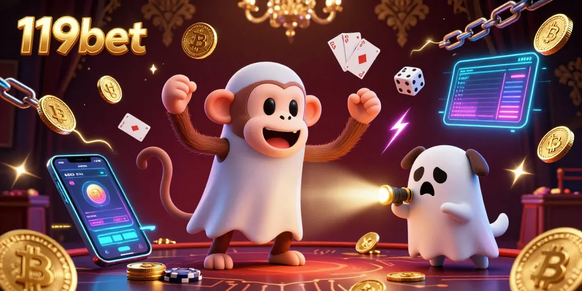 Experience the thrill of 119bet with a poltergeist monkey juggling gold in a haunted casino.