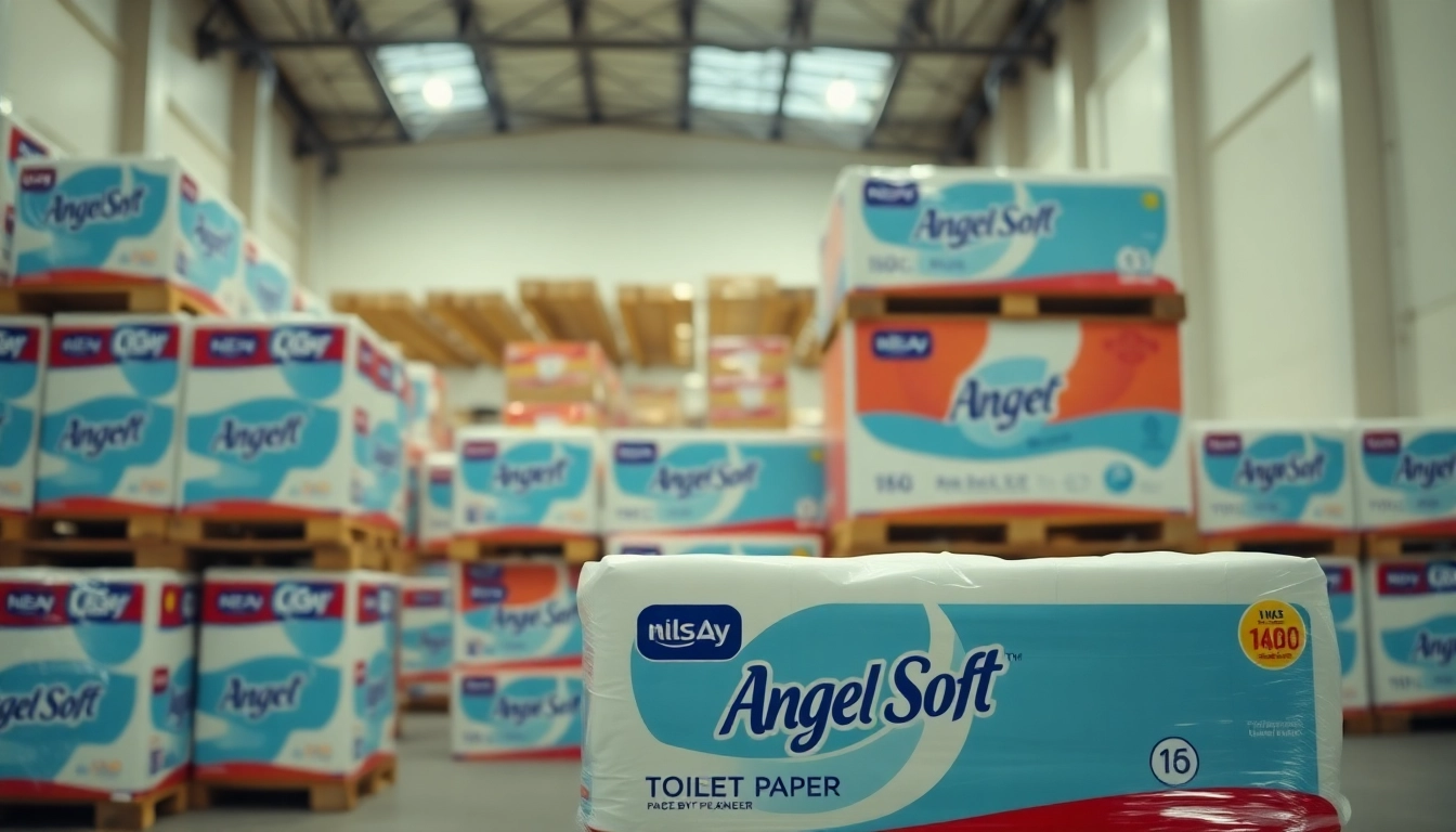 Showcasing Angel Soft Toilet Paper Pallets arranged in a professional warehouse environment.