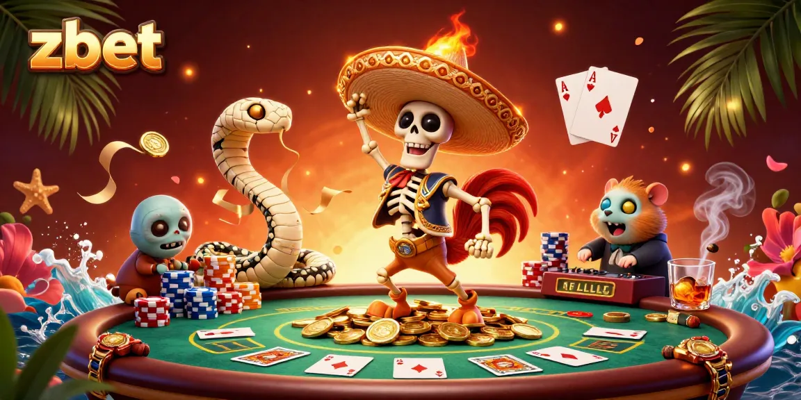 Experience zbet with a vibrant cartoon scene of a mariachi rooster celebrating on poker chips.