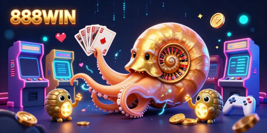 Experience excitement at 888WIN with a vibrant 3D illustration of a nautilus roulette wheel and glowing arcade elements.
