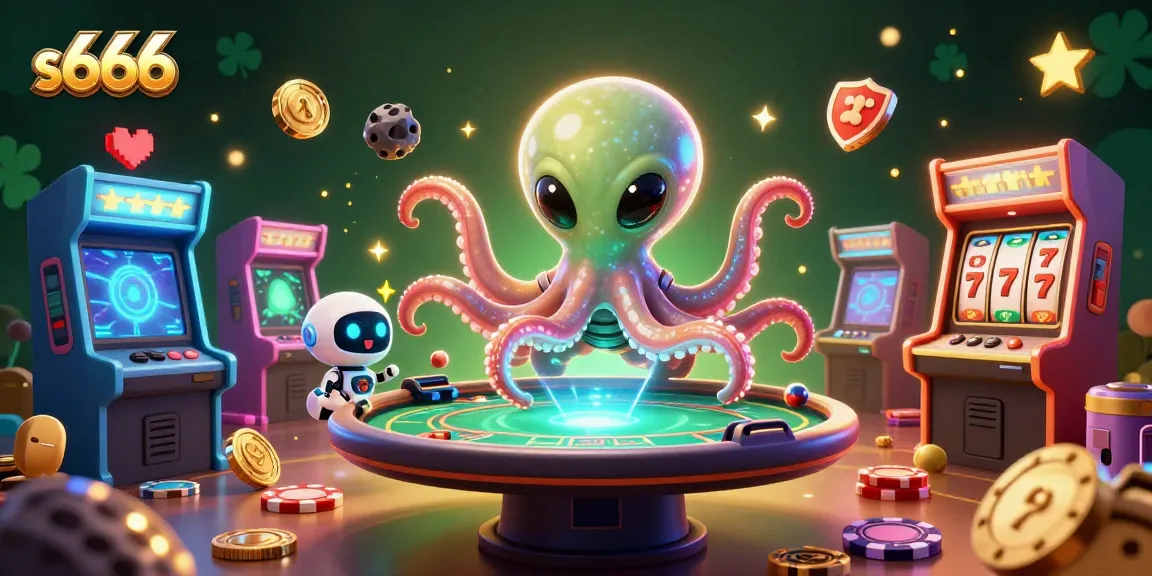 Experience thrilling gameplay at s666 with a cartoon alien octopus and holographic poker table amid vibrant casino scenes.