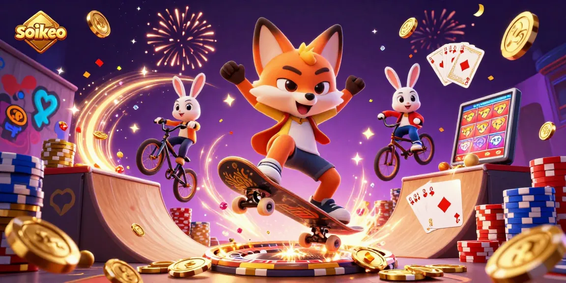 Experience the thrill of soikeo with vibrant casino-themed 3D illustration featuring dynamic characters.