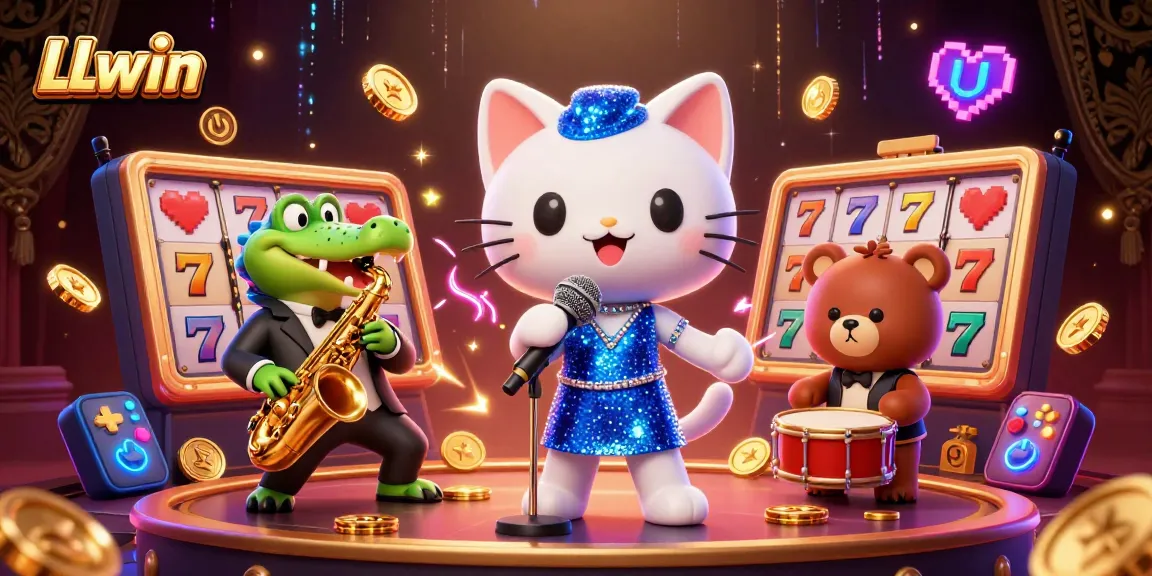 Capture the excitement of LLwin with a lively 3D casino scene featuring animated characters and slot game elements.