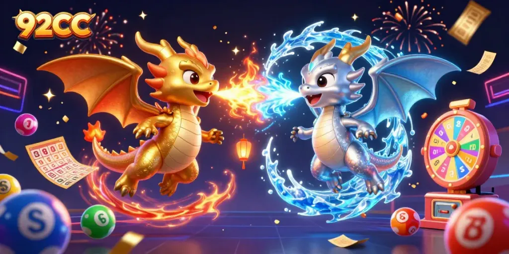92CC dragon-themed casino illustration featuring dynamic lottery elements for better winning possibilities.