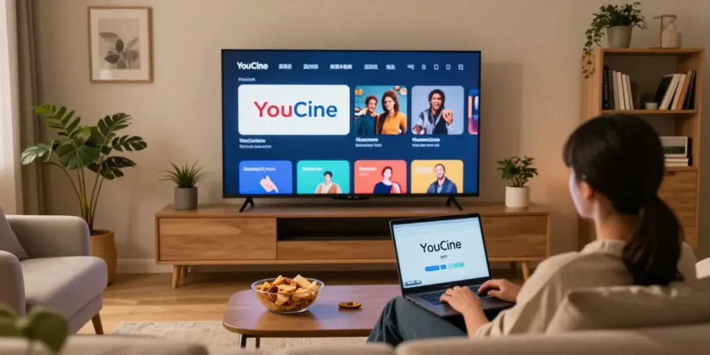 Ambiente aconchegante com Youcine PC na TV e laptop conectado.