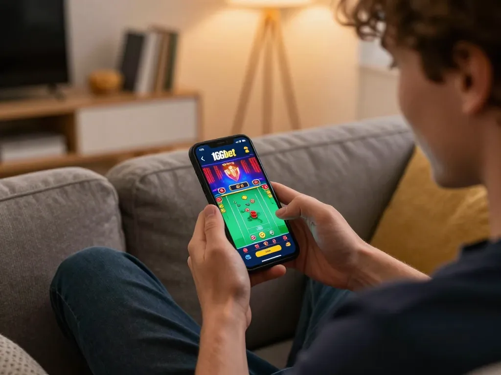 Interagindo com o aplicativo 166bet, um jogador faz uma aposta enquanto relaxa em casa, exibindo a emoção dos jogos móveis.