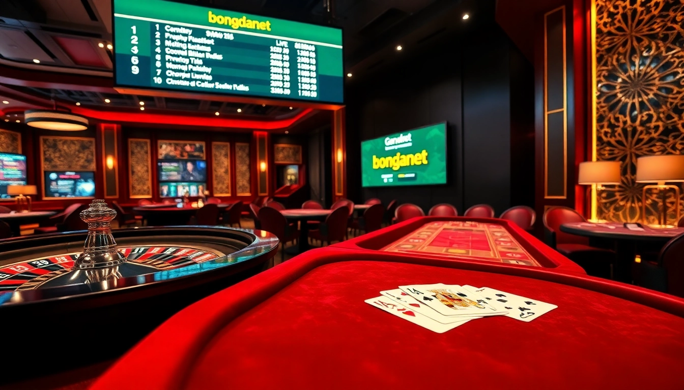Bongdanet enhances the gambling experience with a high-stakes casino scene featuring poker cards and betting odds.