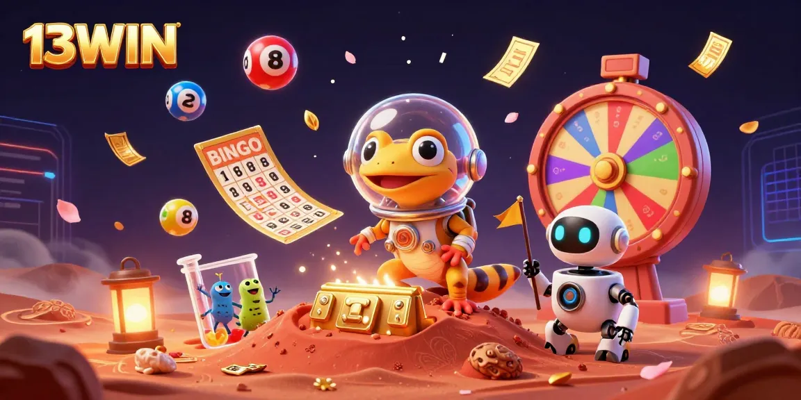 Engage with 13WIN in a vibrant casino setting featuring a Martian gecko, dynamic lottery balls, and exciting game elements.