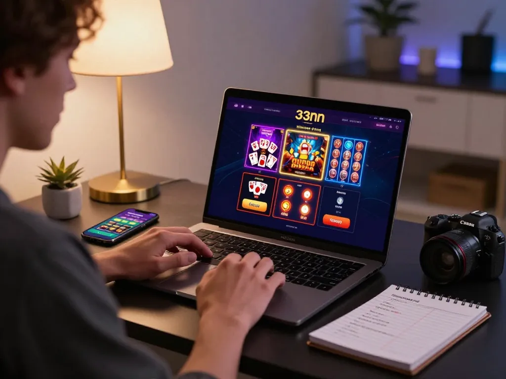 Engaging moment at 33nn online casino as a player explores strategies on a laptop.