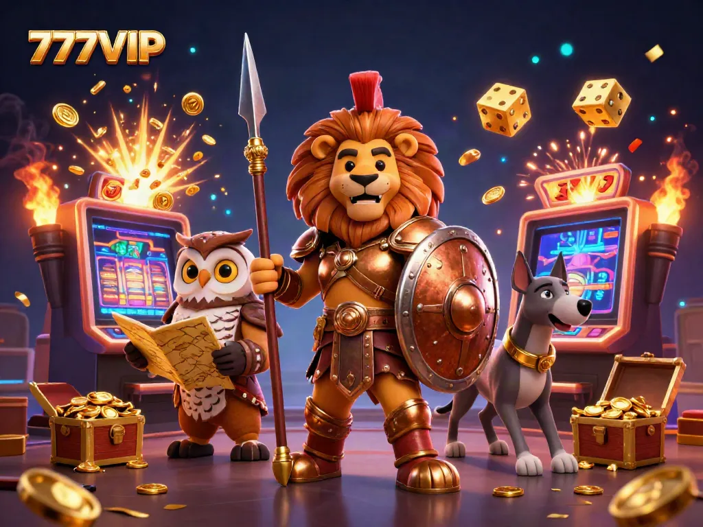 Experience exciting games at 777VIP with a dynamic scene featuring slot machines and lively characters.