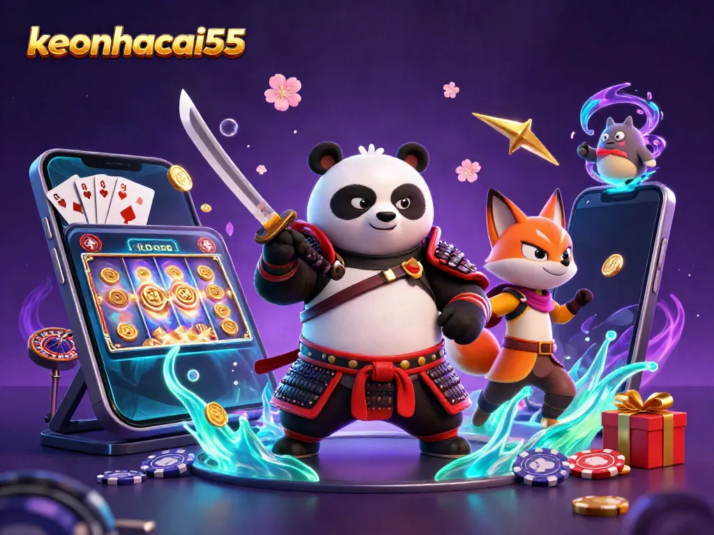 Engage with exciting casino gaming elements at keonhacai55, featuring a dynamic samurai panda and ninja fox