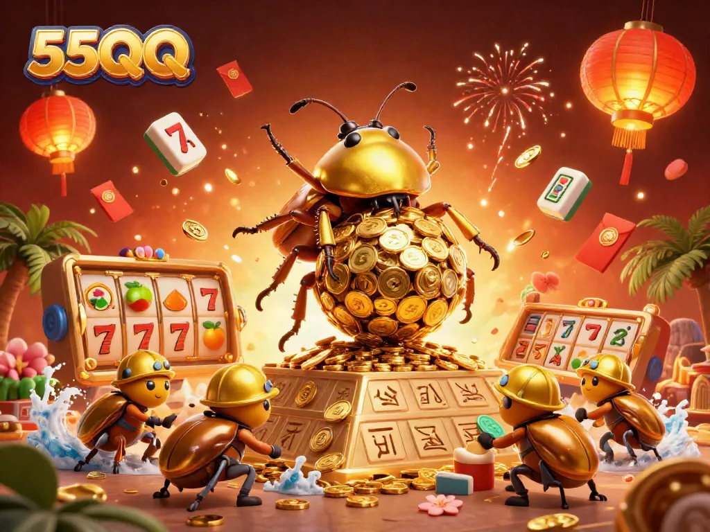 Play 55QQ and win big with a jungle of golden coins, slot reels, and festive elements!