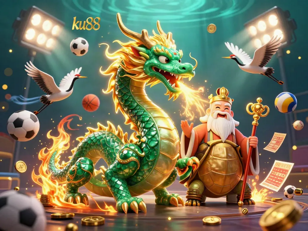 ku88 showcases top-tier gaming with dynamic characters and sports elements in vibrant 3D art.