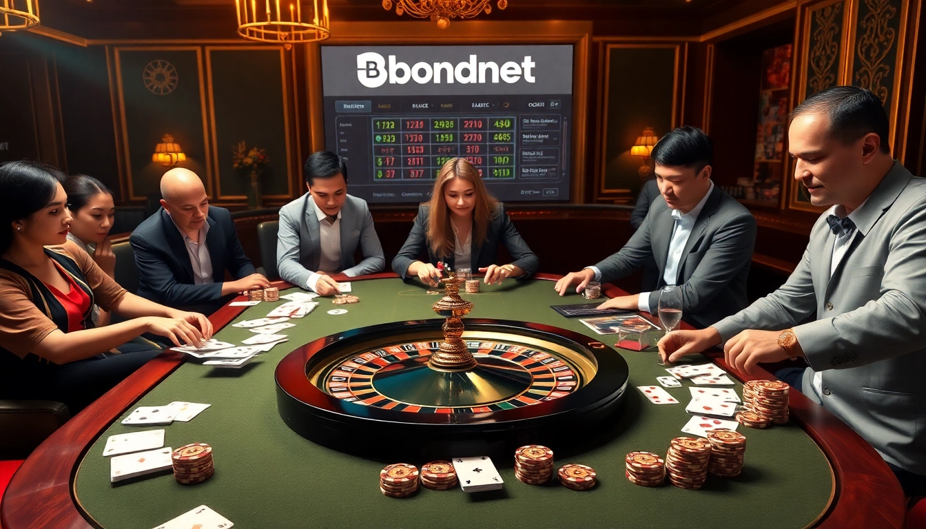 Bongdanet showcases a vibrant casino atmosphere with engaged gamblers at a roulette table, emphasizing strategy and excitement.