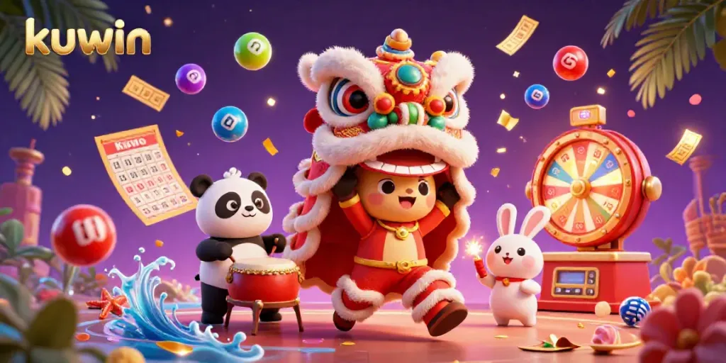 Kuwin players celebrate with a vibrant 3D casino-themed illustration featuring colorful lottery elements and festive characters.