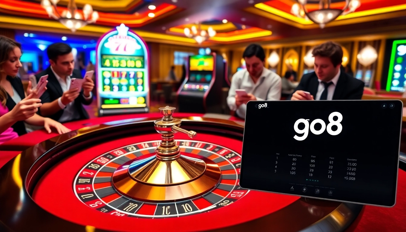 Excited players at a casino table, engaged in gambling at go8 with roulette and poker games.
