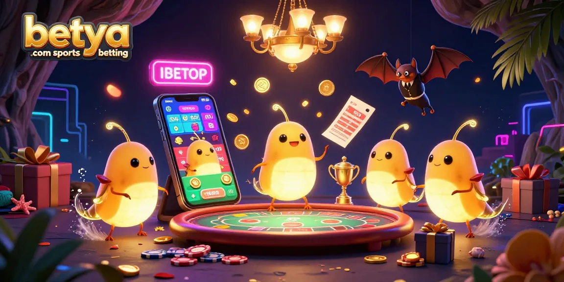 Experience betya.com sports betting with lively glowworms illuminating a vibrant casino atmosphere surrounded by gaming elements.