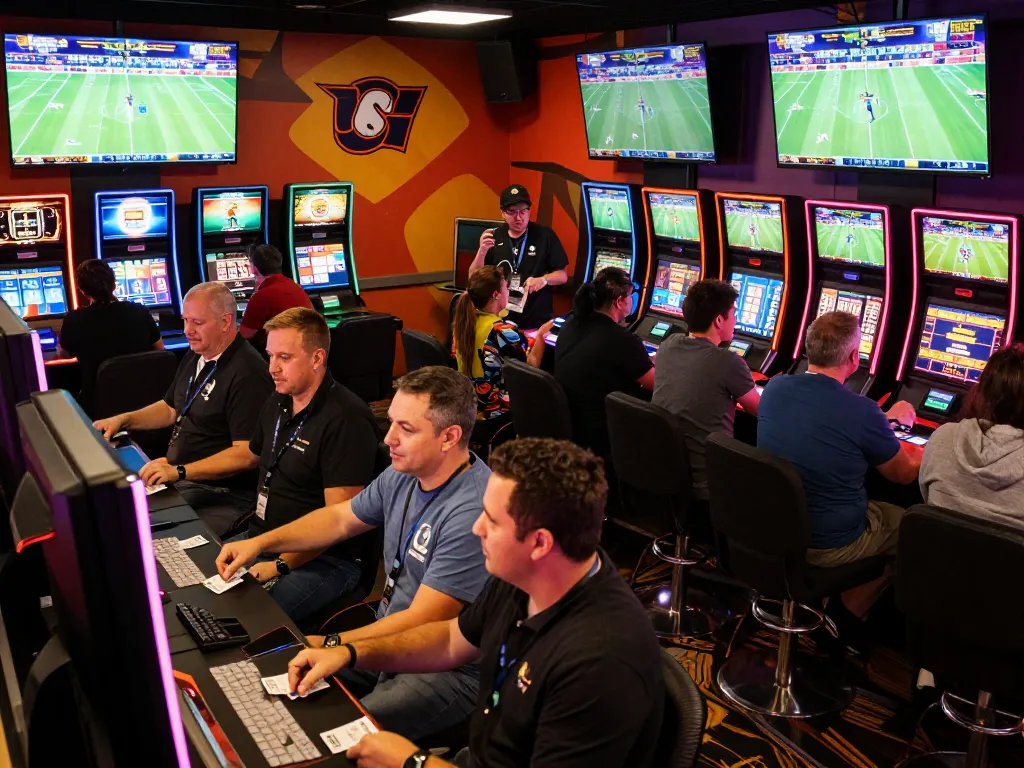 XX88 patrons excitedly placing sports bets in a lively casino atmosphere