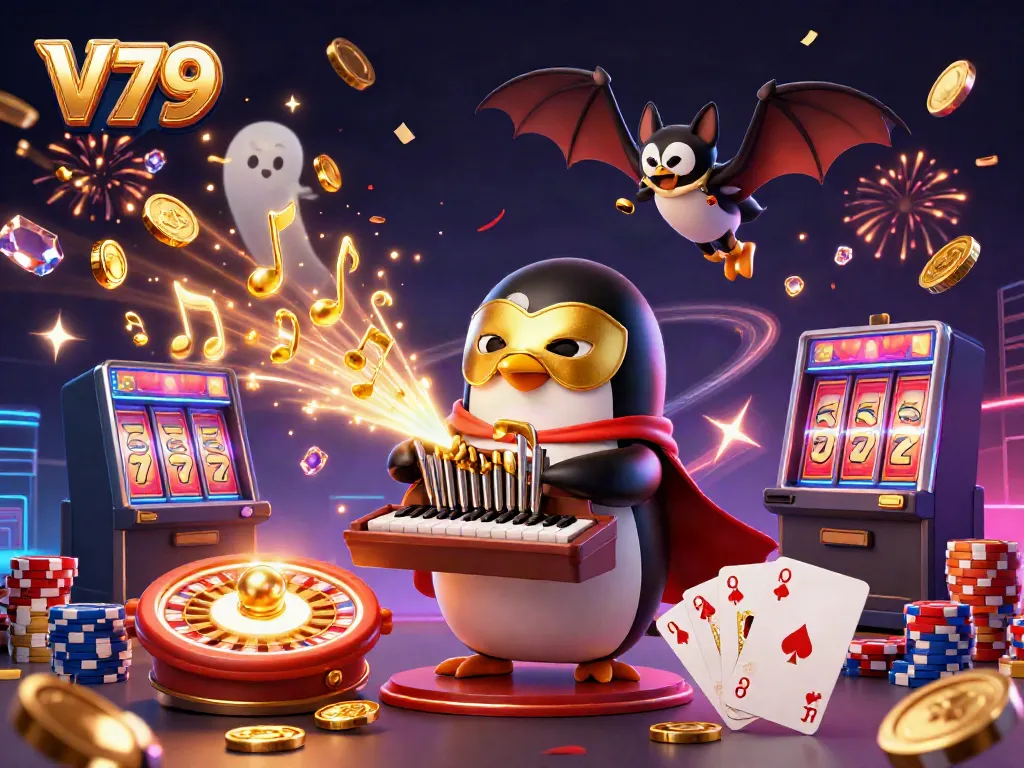 Cascade of golden coins and gems around V79, spirited casino scene with winning excitement.