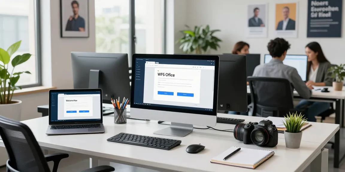 Download WPS Office on a sleek workstation setup with modern devices and natural light.
