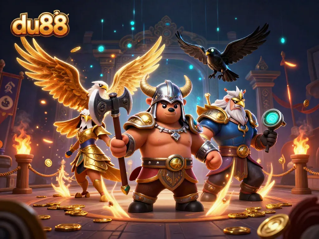 Experience action at du88 with a Viking berserker battling amidst gold coins and vibrant casino elements.