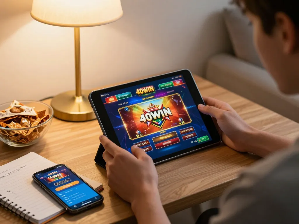 A player engaging with the 40WIN platform on a tablet at home, reflecting a strategic and fun gaming environment.