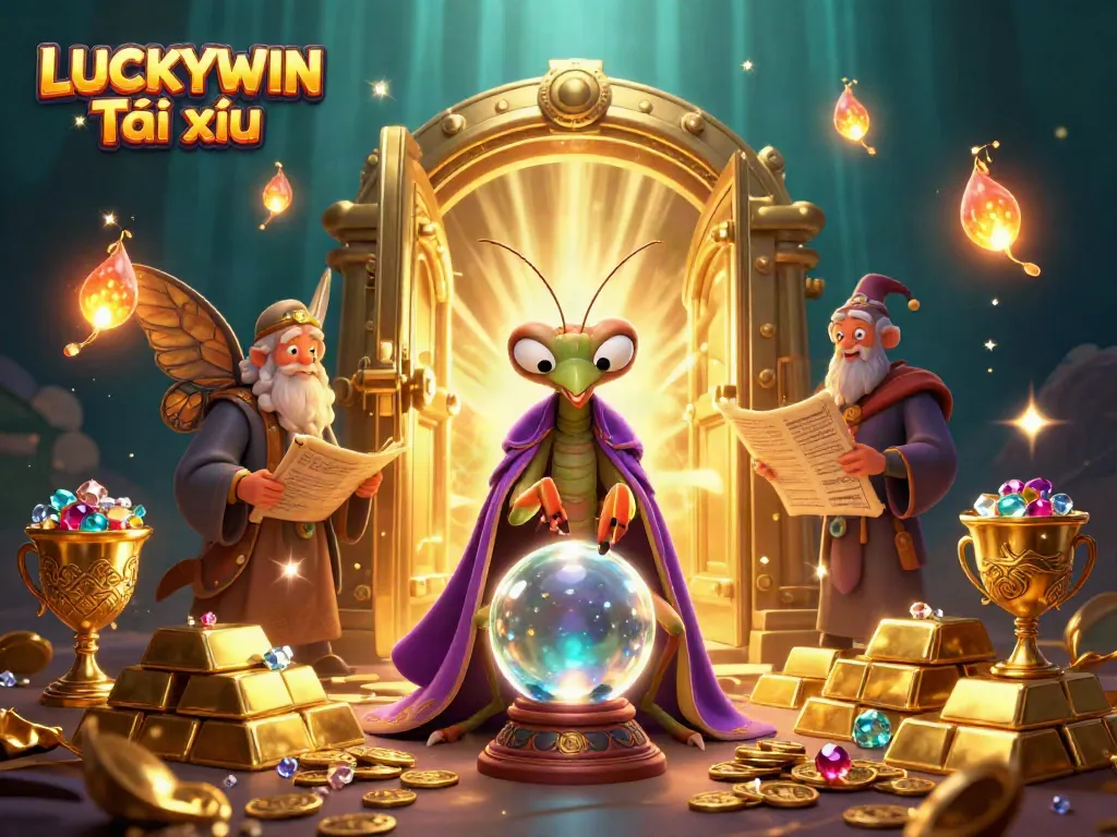 Experience the thrill of LUCKYWIN Tài xỉu with whimsical characters exploring treasure in a vibrant casino scene.