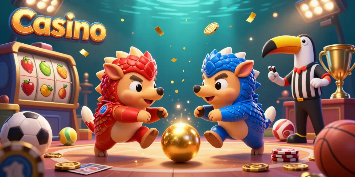 Experience vibrant Casino action with rival pangolins competing in a dynamic gambling game with slot reels and treasures.