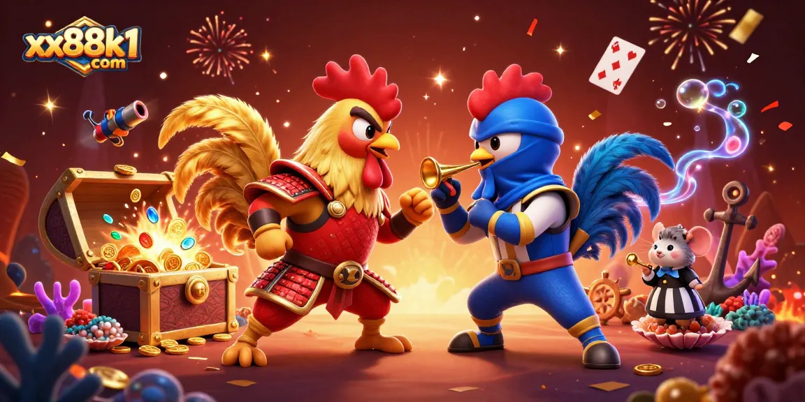 Engage with exciting action inspired by xx88k1 com as roosters clash in a dynamic casino scene full of treasures.
